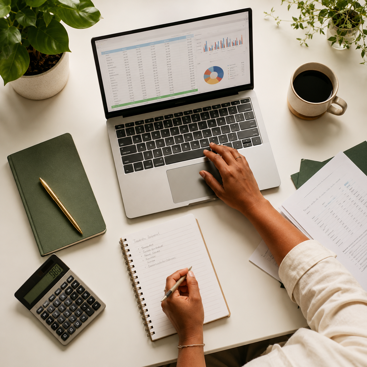 Overhead view of a bookkeeper working at a desk with financial charts on a laptop, calculator, and plants